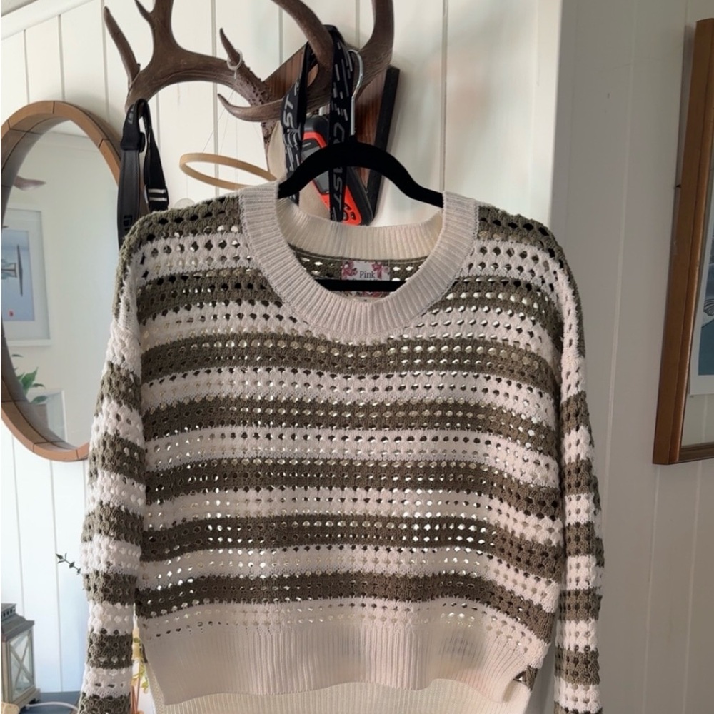 Striped Knit Sweater - Olive Green and Cream